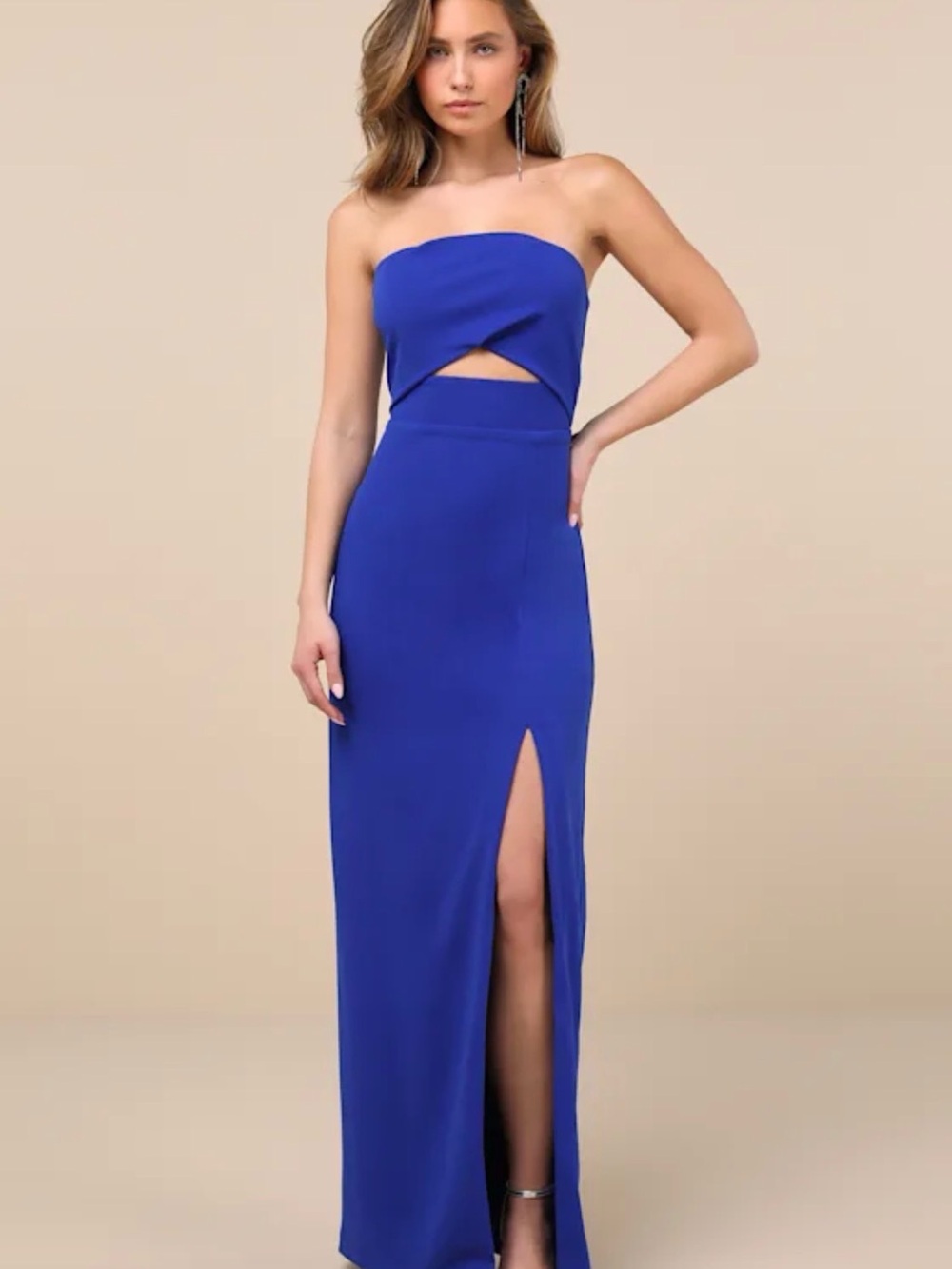 Lulus Extravagant Persona Blue Strapless Cutout Column Maxi Dress Large NWT